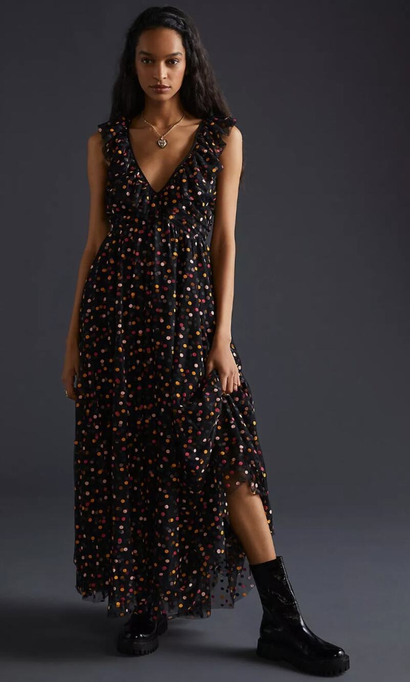Maeve by Anthropology rainbow polkadot black dress
